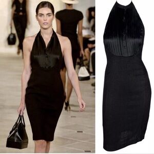 Ralph Lauren Runway Black Linen Button Up Backless Halter Mini Dress Tuxedo 2007